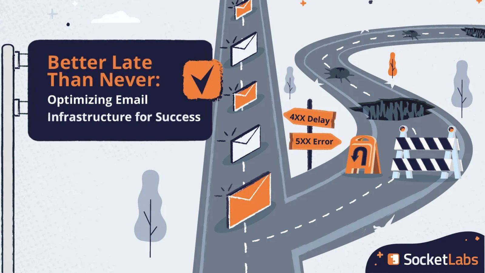 A fork in the road labeled '4xx delays' shows emails traveling down a road while the fork labeled '5xx failure' is treacherous with holes in the road and detour signs.